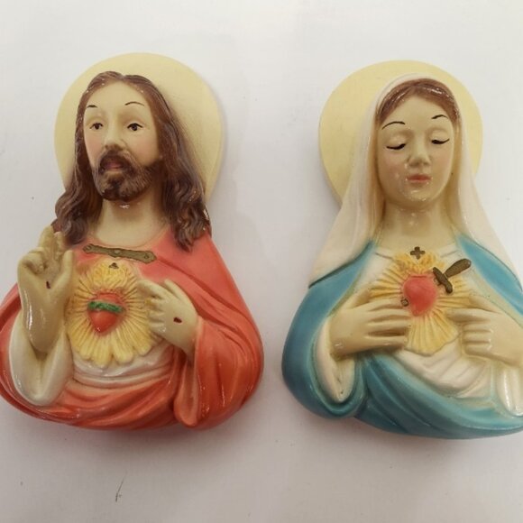 VTG Plaster Sacred Heart of Jesus & Immaculate Heart of Mary Wall Hanging - Picture 1 of 8